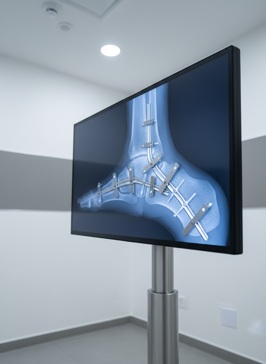A close, high-resolution view of a surgically treated ankle fracture on a digital medical monitor, showing a lateral X-ray with titanium plates and screws perfectly aligned along the distal fibula and tibia. The metal hardware appears bright and sharply contoured against the soft grayscale of bone and tissue. The monitor rests on a sleek, height-adjustable stand in a minimalist examination room with white walls and a subtle gray accent panel. Neutral LED ceiling lights provide even, glare-free illumination, creating a crisp, clinical atmosphere. Photographed from a three-quarter angle, the screen dominates the frame while the background falls softly out of focus. The overall mood is precise and high-tech, emphasizing expert surgical management of complex ankle fractures in a professional, modern setting.