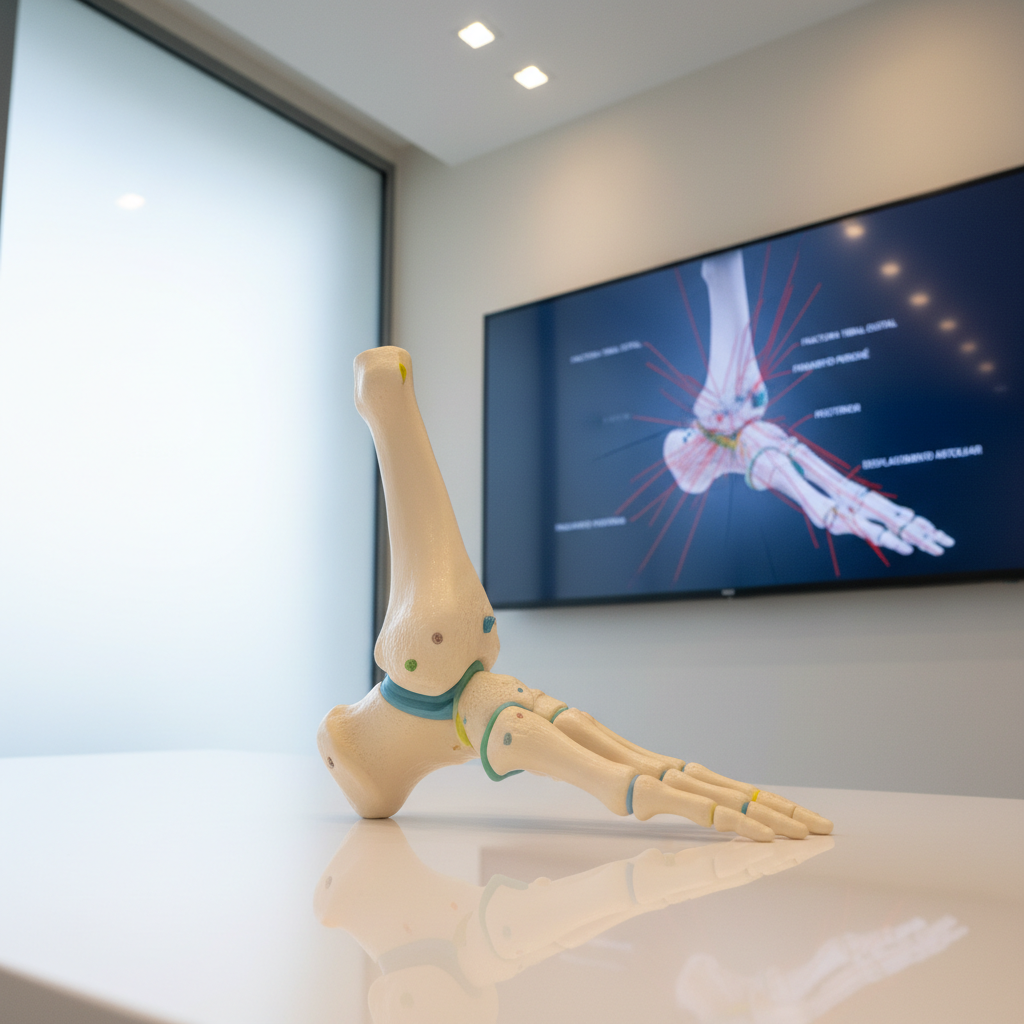 A realistic anatomical model of the human ankle joint, crafted in smooth matte resin, sits on a glossy white examination desk in a modern orthopedic clinic. The tibia, fibula, and talus are rendered in off-white with subtle texturing, while key ligament insertions are indicated with small, muted color markings. Behind it, a large wall-mounted screen displays a detailed 3D rendering of a complex ankle fracture pattern with labeled fracture lines in Spanish. Soft, diffused daylight filters through a frosted window, complemented by discreet ceiling LEDs that provide neutral, balanced illumination and minimal shadows. Shot at eye level with the ankle model in sharp focus and the digital display slightly blurred, the mood is calm, educational, and reassuring, with a clean, professional photographic style suitable for a specialist in ankle fracture surgery.