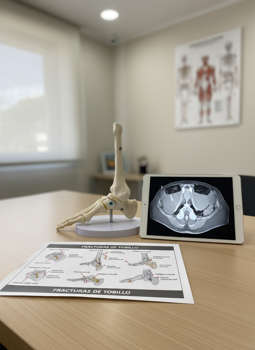 A detailed tabletop scene in a specialist orthopedic consulting room focused on ankle fractures. On a smooth, light wood desk lies a printed color diagram of the ankle joint in Spanish, highlighting different fracture types with clear, labeled arrows. Beside it stands a compact, realistic ankle bone model mounted on a small white base, and a slim tablet displaying a CT scan slice of a comminuted ankle fracture. The background reveals a blurred, wall-mounted poster of lower limb anatomy. Soft, cool daylight from a nearby window combines with gentle overhead LEDs, creating balanced, shadow-free lighting. Shot from a slightly elevated angle in photographic realism, the composition feels orderly, informative, and professional, ideal for explaining complex ankle fracture treatment to patients in Mexico City.