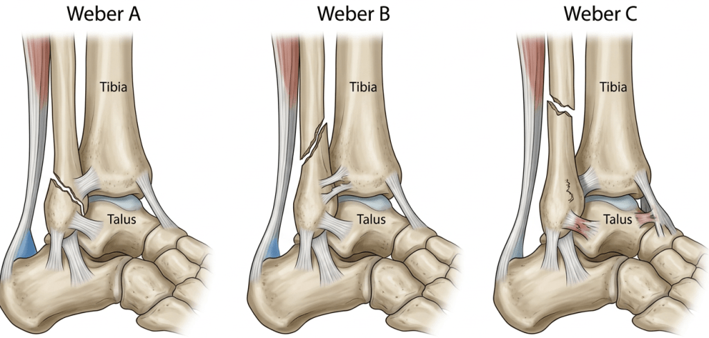 Medical illustration showing ankle fracture classification types: Weber A, B and C fractures with anatomical labels, clean white background, professional orthopedic medical style