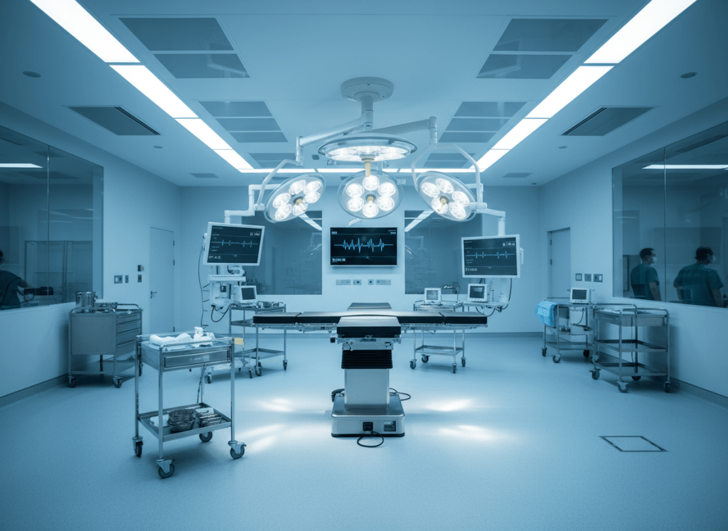 A modern, clean operating room with soft blue and white lighting, surgical lights overhead, stainless steel equipment, professional and serene atmosphere, cinematic quality, wide angle