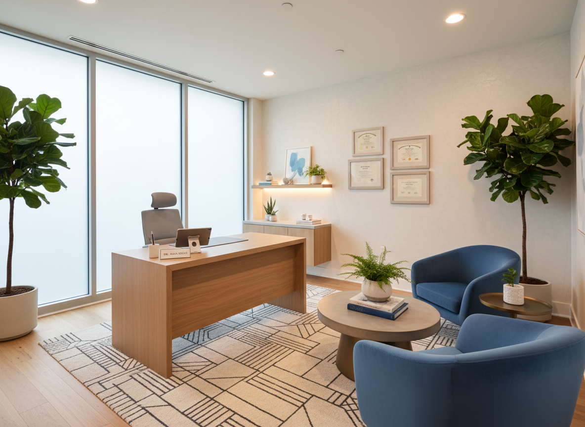 A modern, elegant doctor's office with warm lighting, a clean desk, medical diplomas on the wall, comfortable chairs, plants, professional and welcoming atmosphere, photorealistic, wide angle