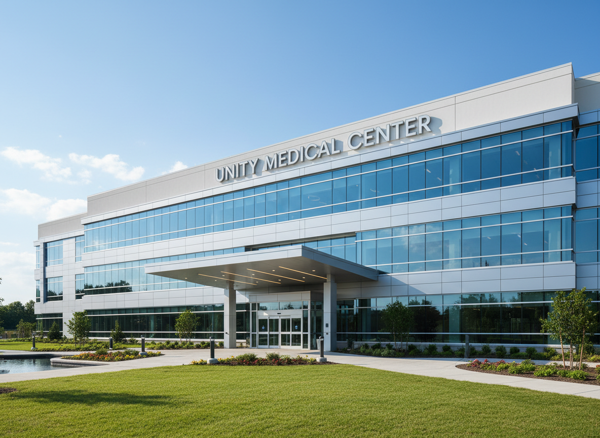 A modern hospital building exterior — sleek contemporary architecture, large glass facade, clean white and light blue tones, well-lit welcoming entrance, green landscaping, professional medical environment, bright daytime natural light, wide landscape shot suitable as a full-width hero background image